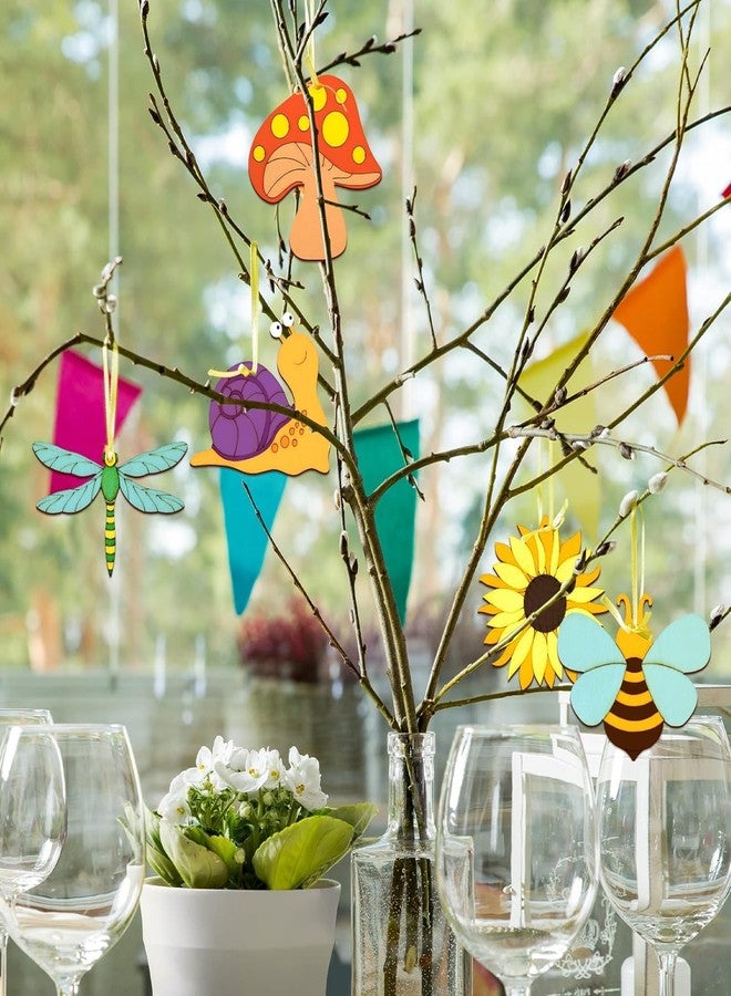 Haoser pc 16 Wooden Spring Ornaments to Paint, 8 Styles DIY Blank Unfinished Wood Cutouts Ornament for Home Crafts Hanging Decorations, Insect Dragonfly Snail Watering Can Mushroom Flower Shape - Image 2
